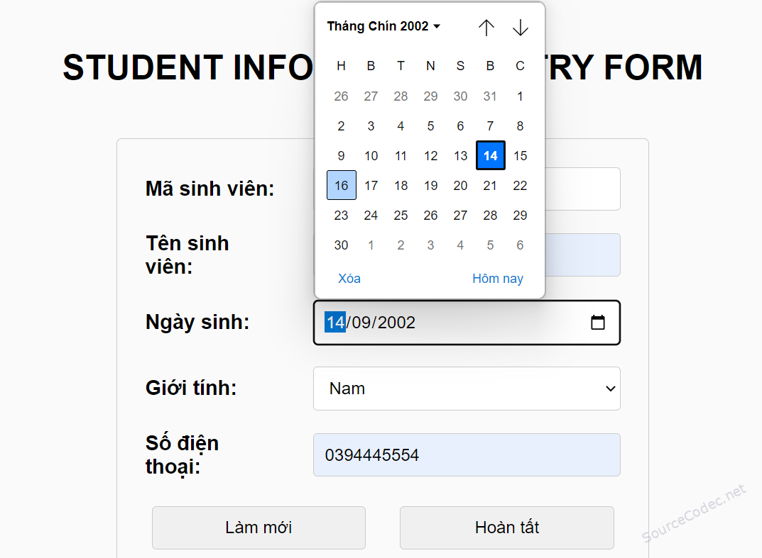 Code quản lý sinh viên bằng JavaScript STUDENT INFORMATION ENTRY FORM Code quan ly sinh vien STUDENT INFORMATION ENTRY FORM - Code quản lý sinh viên bằng JavaScript STUDENT INFORMATION ENTRY FORM